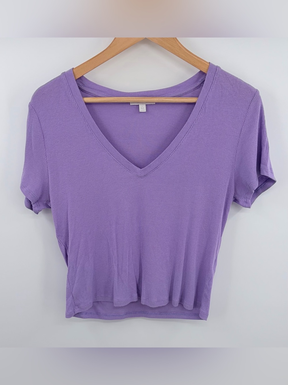 Beyond Yoga take the plunge purple ribbed v neck cropped tee women’s L